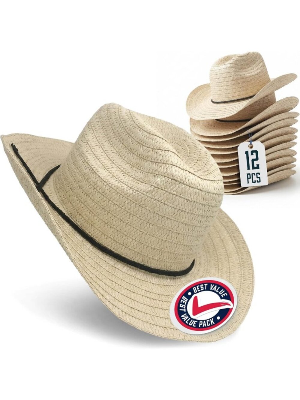 12 Pack Straw Cowboy Hats - 24" Western Style, Plain, Perfect for Parties